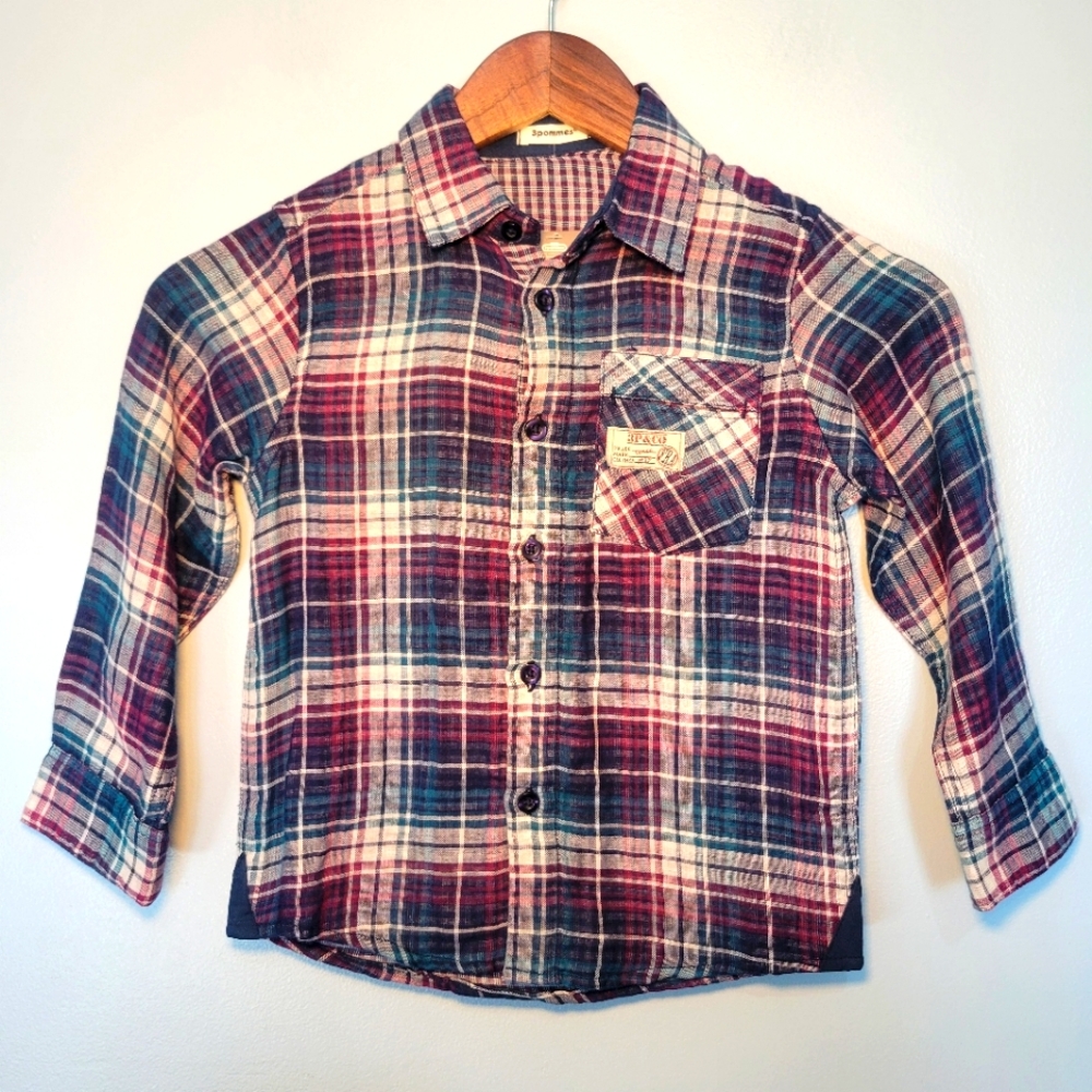 NWT 3 Pommes Boys Blue/Purple Plaid Long Sleeve Button Down Shirt Size‎ 5 Cotton